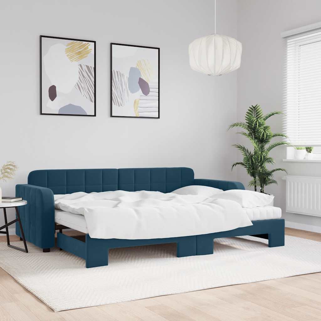 Lit de jour avec lit gigogne et matelas bleu 80x200 cm velours - XIOS