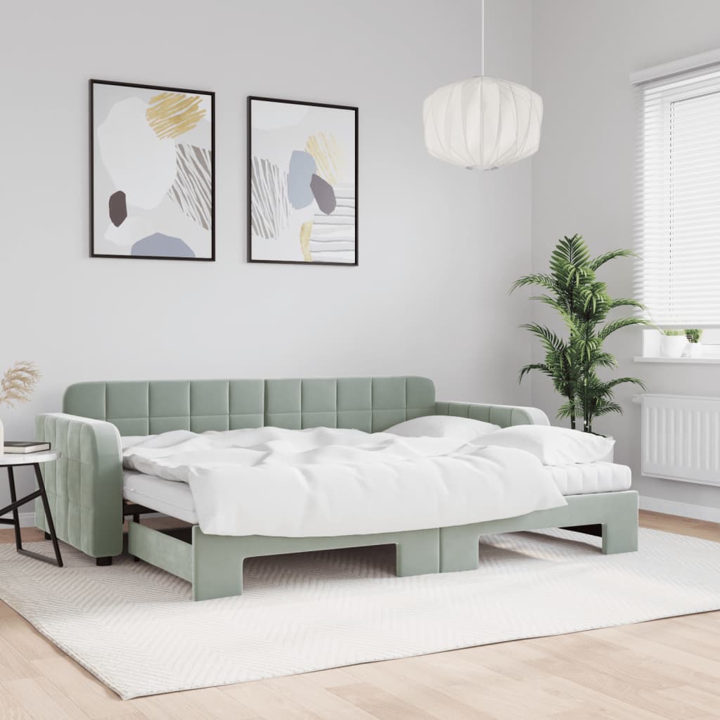 Lit de jour avec gigogne et matelas gris clair 80x200cm velours - XIOS