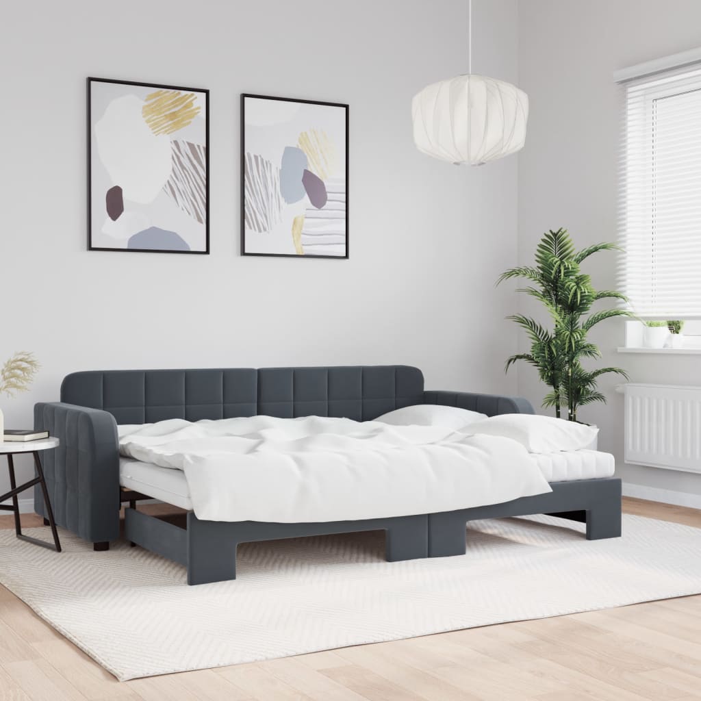 Lit de jour avec gigogne et matelas gris foncé 80x200cm velours - XIOS