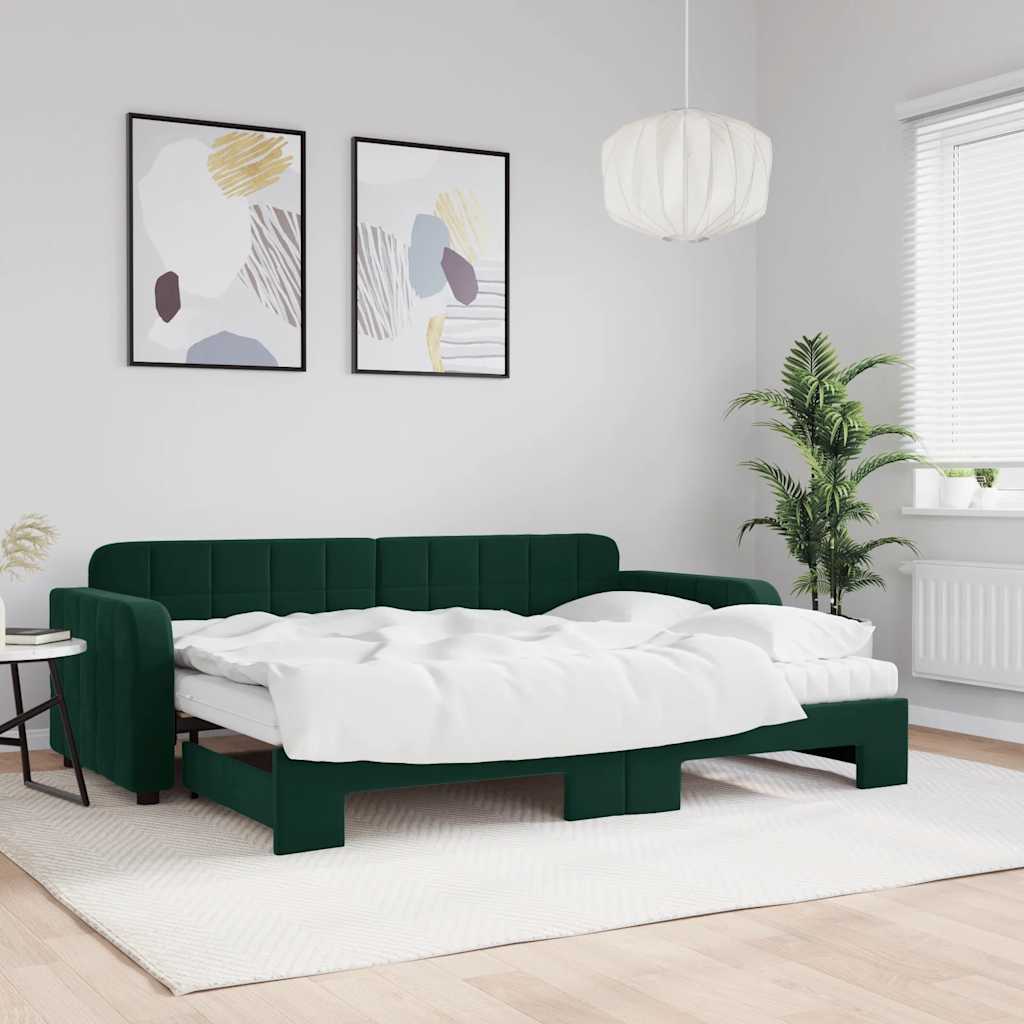 Lit de jour avec gigogne et matelas vert foncé 80x200cm velours