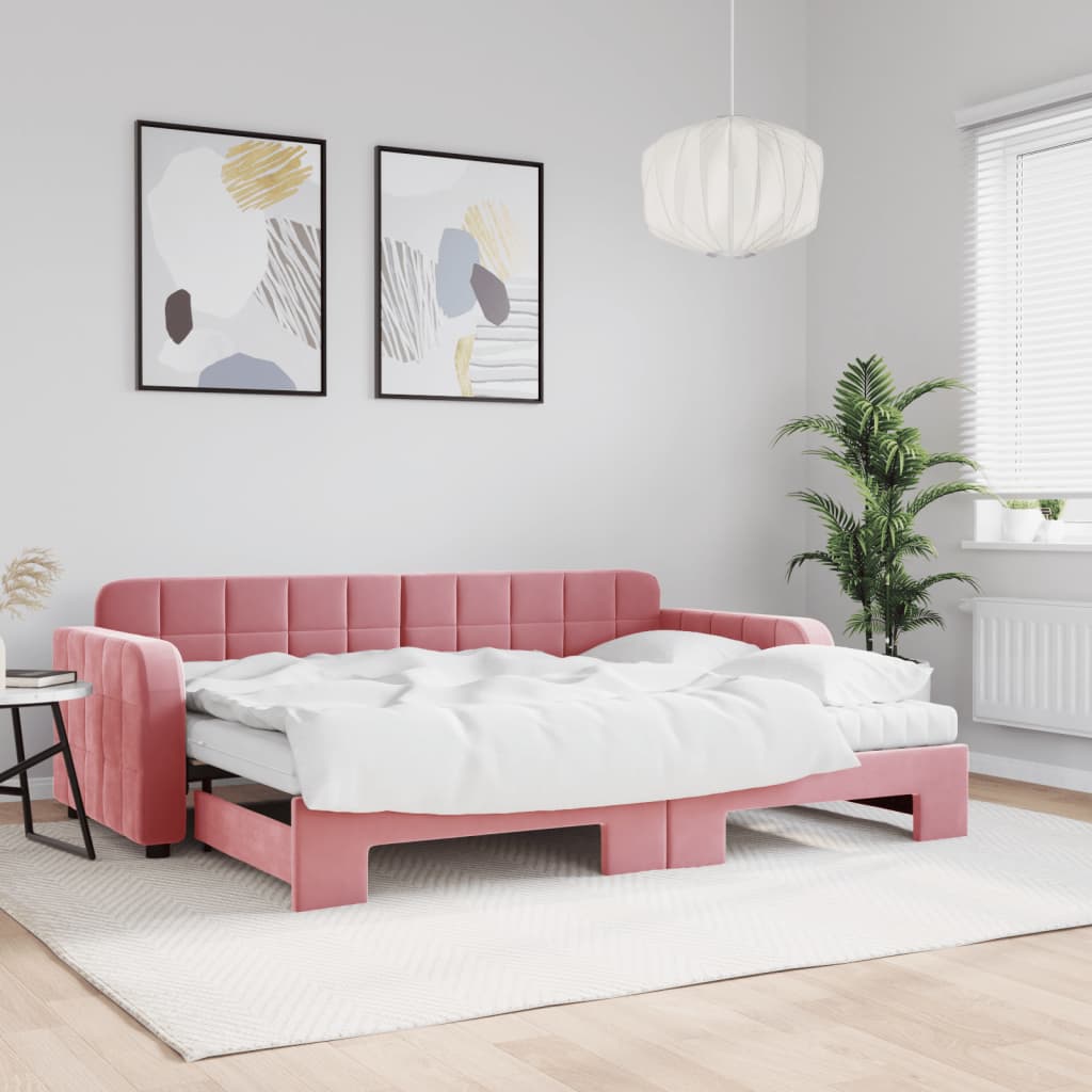 Lit de jour avec lit gigogne et matelas rose 80x200 cm velours - XIOS