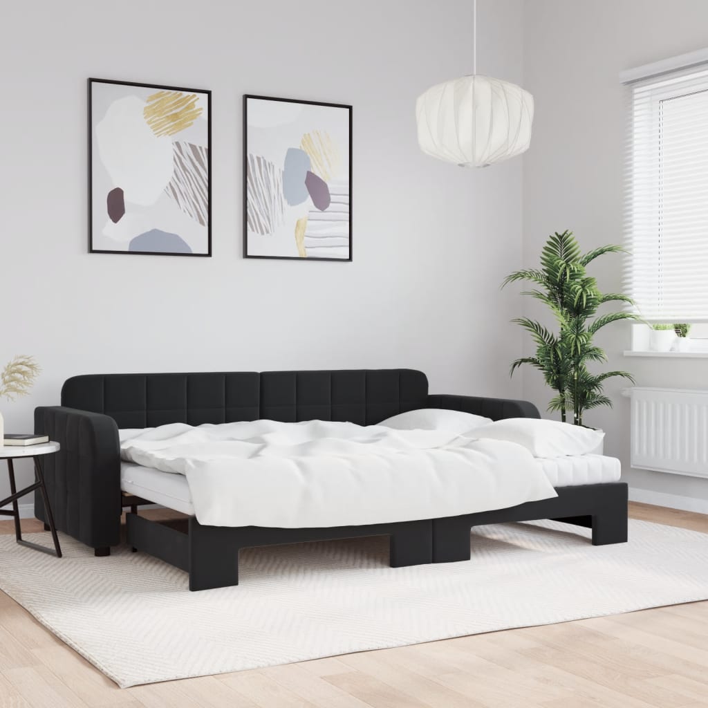 Lit de jour avec lit gigogne et matelas noir 80x200 cm velours - XIOS