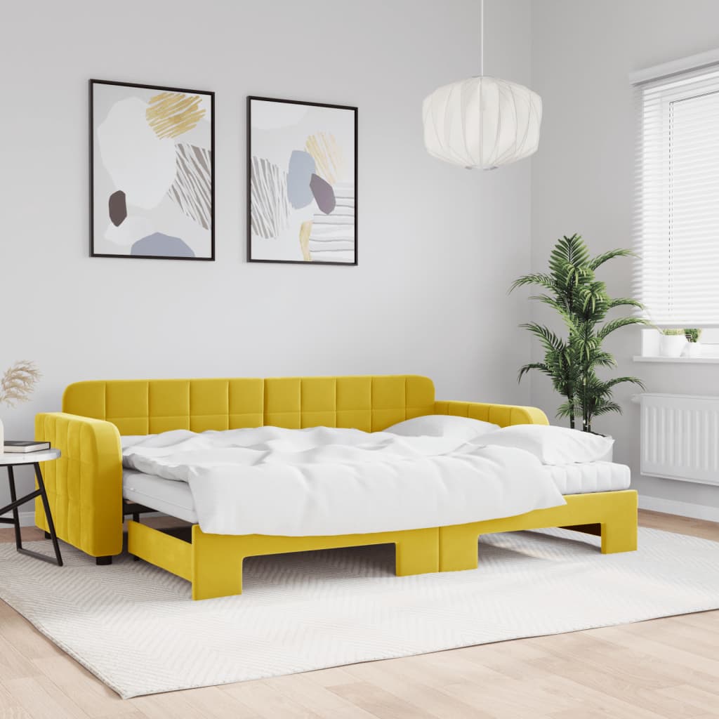 Lit de jour avec lit gigogne et matelas jaune 80x200 cm velours - XIOS