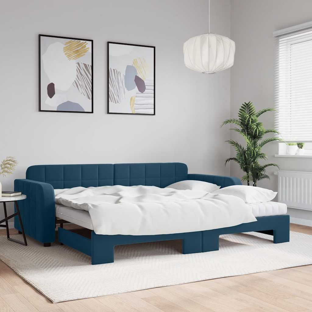 Lit de jour avec lit gigogne et matelas bleu 90x200 cm velours - XIOS
