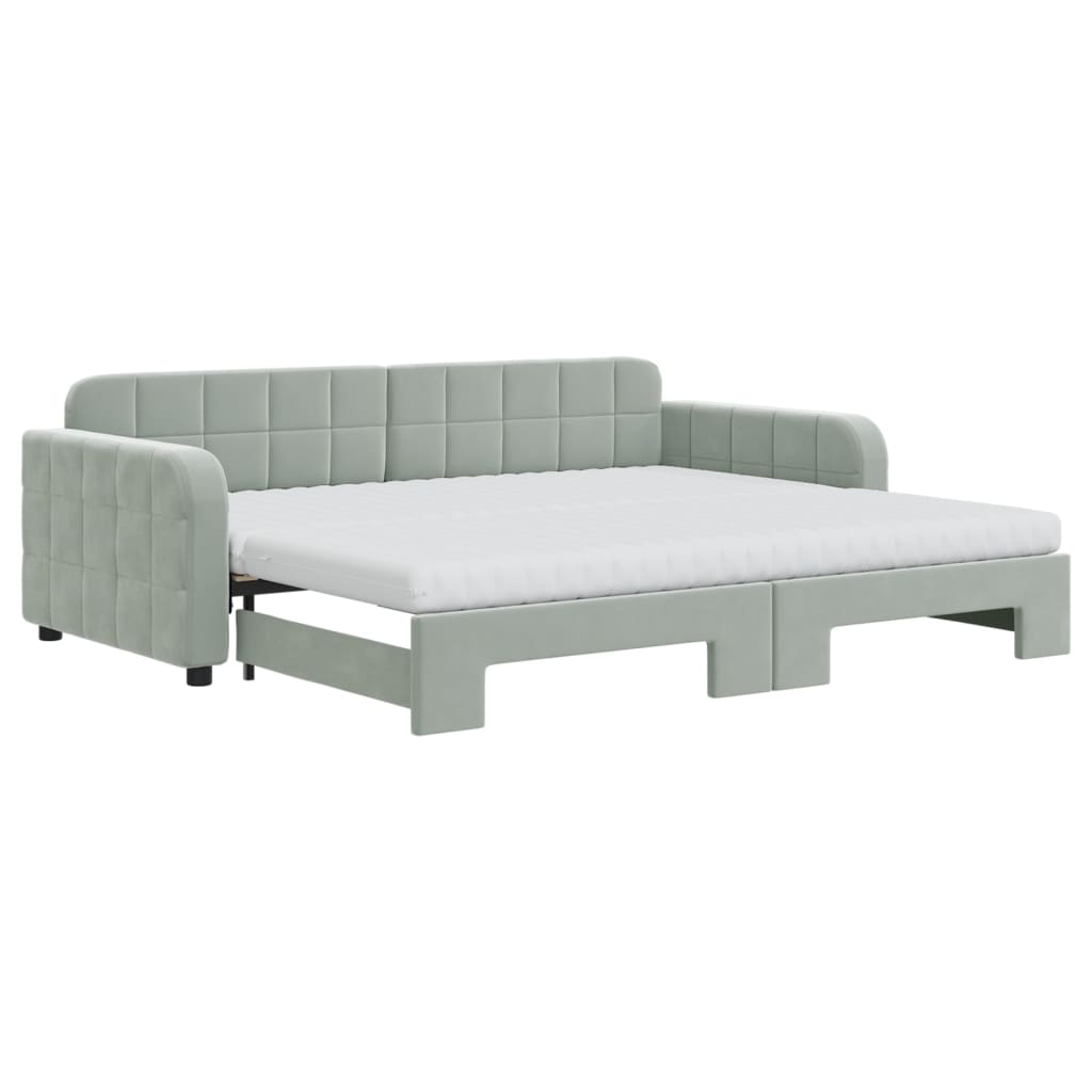 Lit de jour avec gigogne et matelas gris clair 90x200cm velours - XIOS
