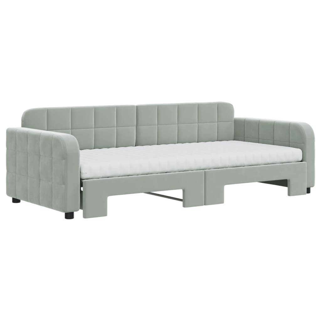 Lit de jour avec gigogne et matelas gris clair 90x200cm velours - XIOS