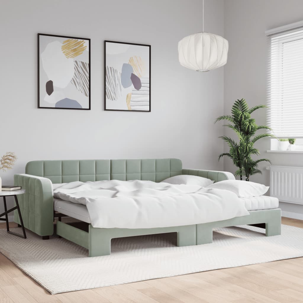 Lit de jour avec gigogne et matelas gris clair 90x200cm velours - XIOS