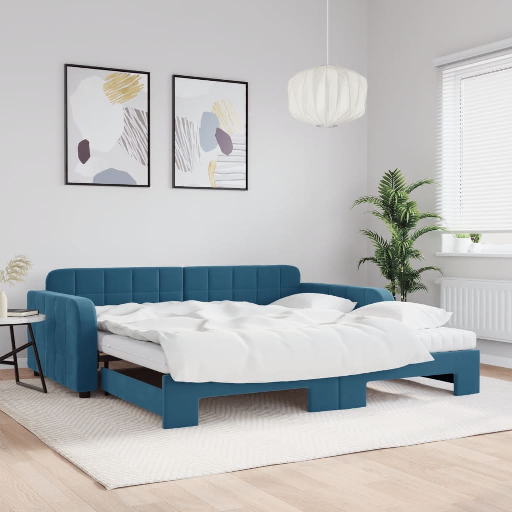 Lit de jour avec lit gigogne et matelas bleu 100x200 cm velours - XIOS