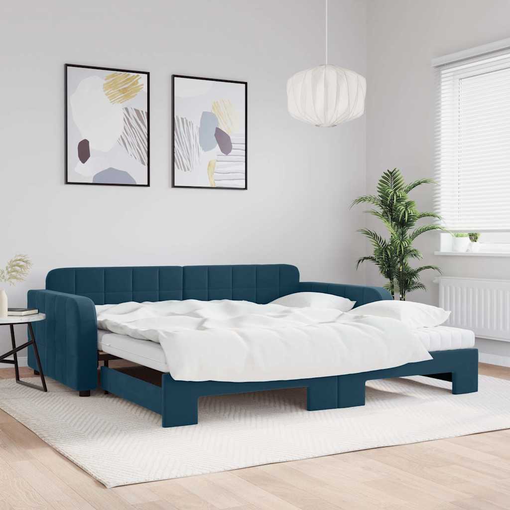 Lit de jour avec lit gigogne et matelas bleu 100x200 cm velours
