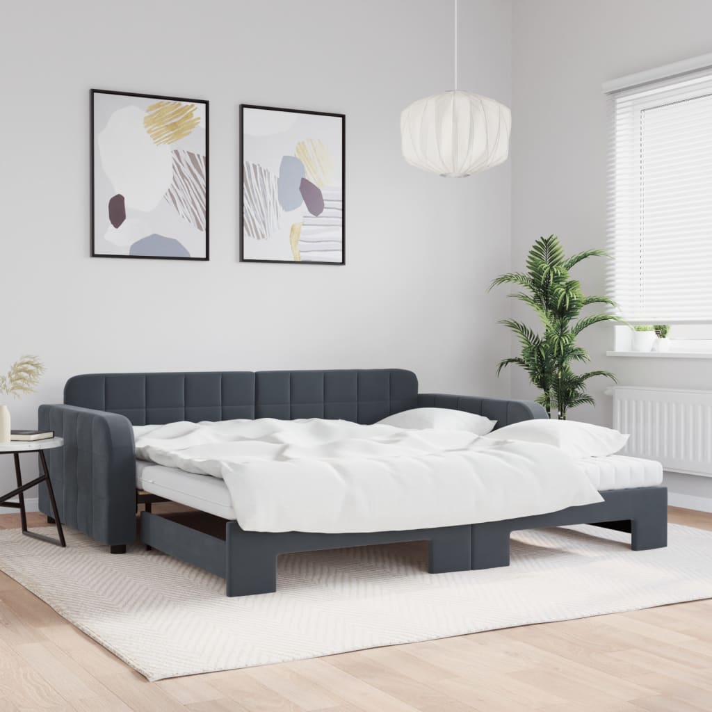 Lit de jour et gigogne et matelas gris foncé 100x200 cm velours - XIOS