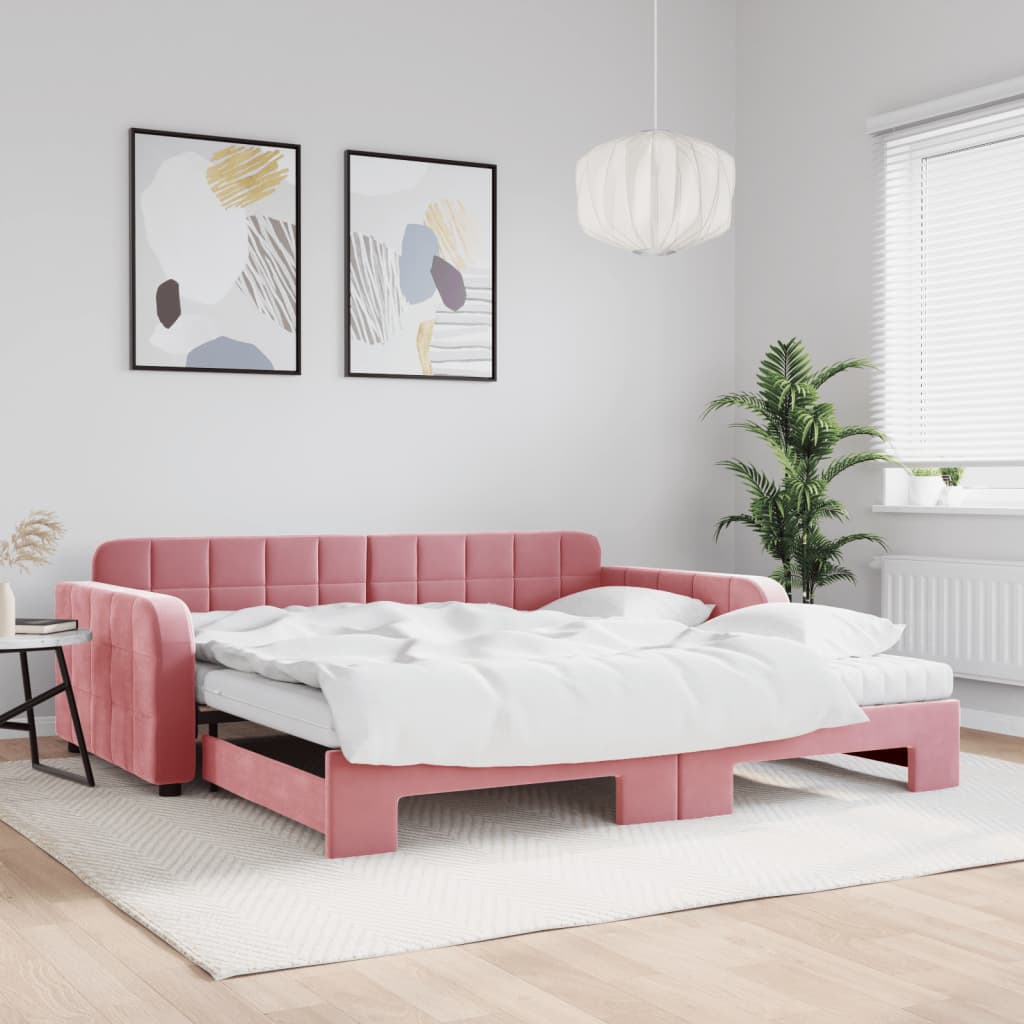 Lit de jour avec lit gigogne et matelas rose 100x200 cm velours - XIOS