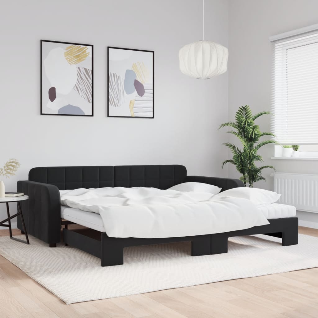 Lit de jour avec lit gigogne et matelas noir 100x200 cm velours - XIOS