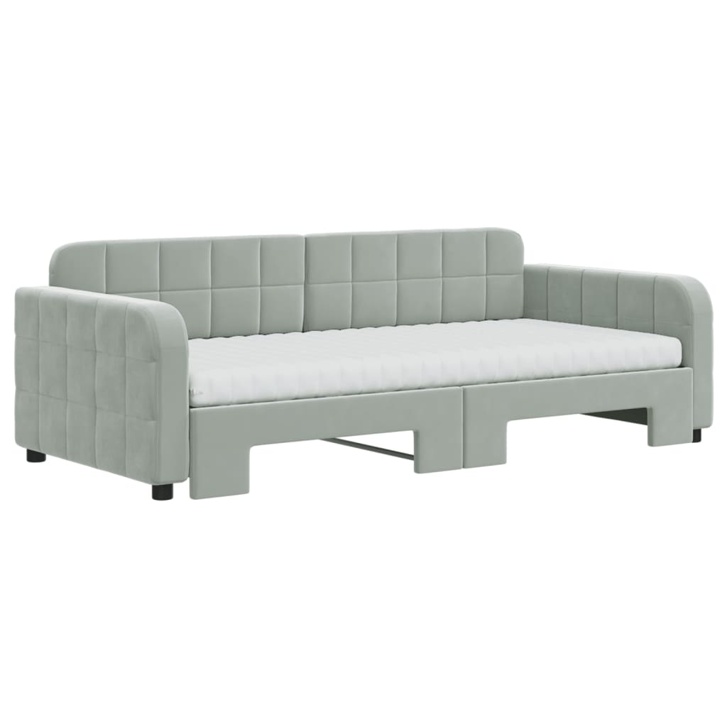 Lit de jour avec gigogne et matelas gris clair 90x190cm velours
