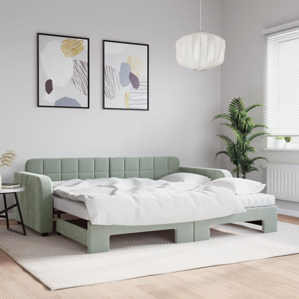Lit de jour avec gigogne et matelas gris clair 90x190cm velours