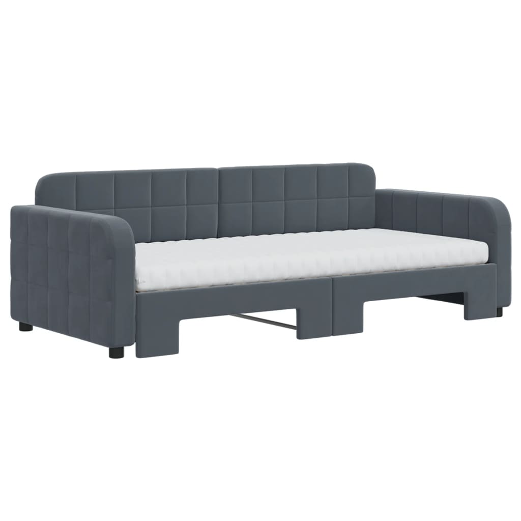 Lit de jour avec gigogne et matelas gris foncé 90x190cm velours