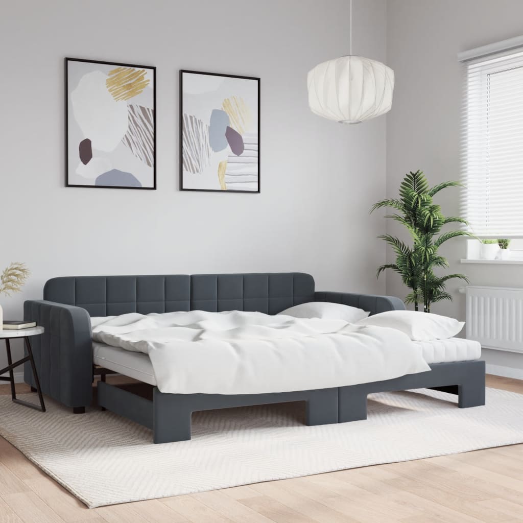 Lit de jour avec gigogne et matelas gris foncé 90x190cm velours