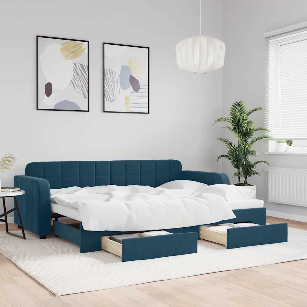 Lit de jour avec gigogne et tiroirs sans matelas bleu 80x200 cm