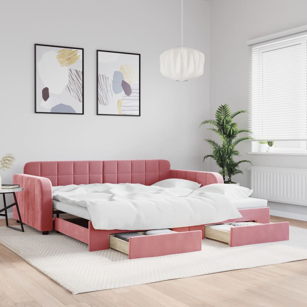 Lit de jour avec gigogne et tiroirs rose 100x200 cm velours - XIOS