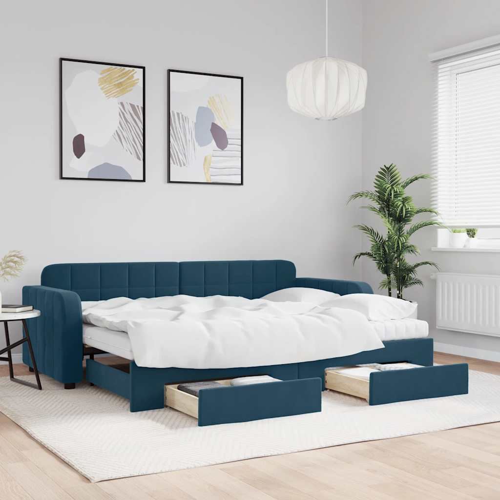 Lit de jour avec gigogne et tiroirs bleu 80x200 cm velours - XIOS