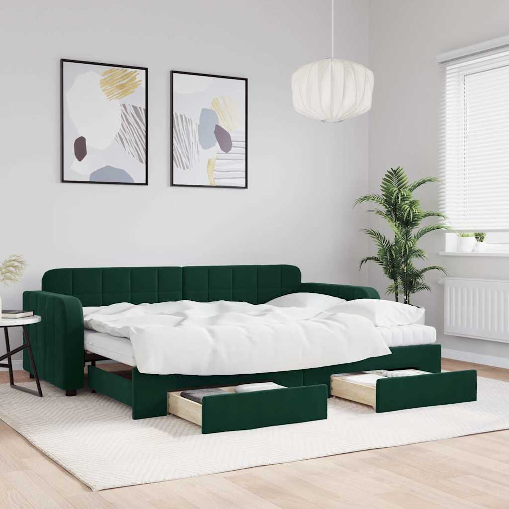 Lit de jour avec gigogne et tiroirs vert foncé 80x200cm velours