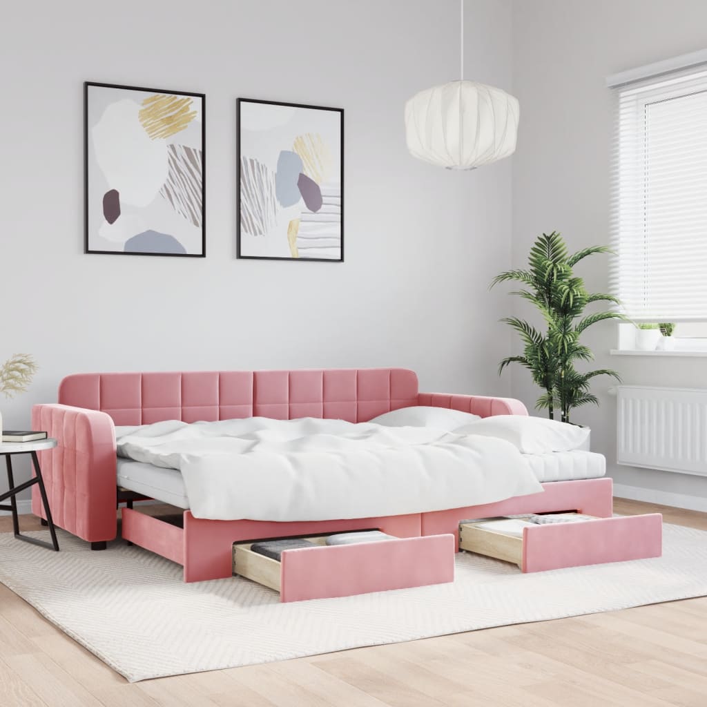 Lit de jour avec gigogne et tiroirs rose 80x200 cm velours - XIOS