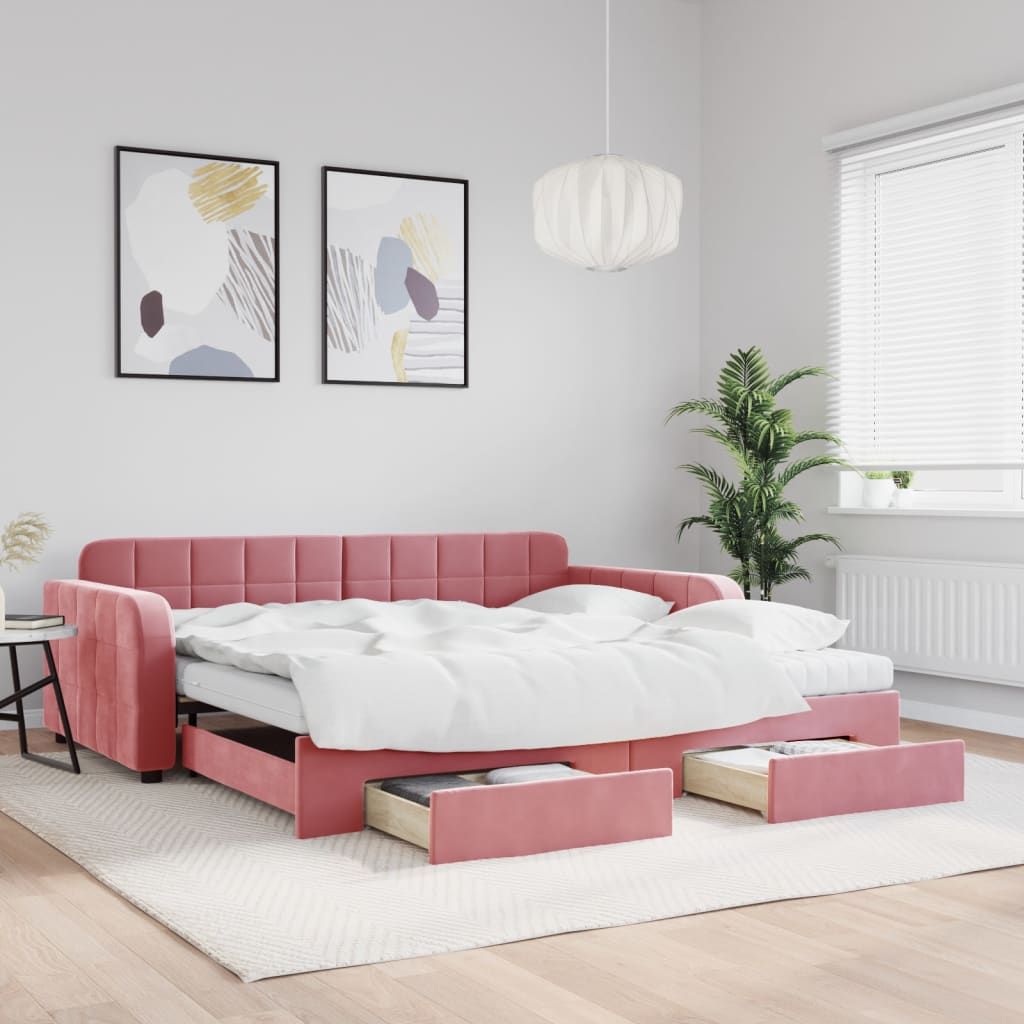 Lit de jour avec gigogne et tiroirs rose 100x200 cm velours - XIOS