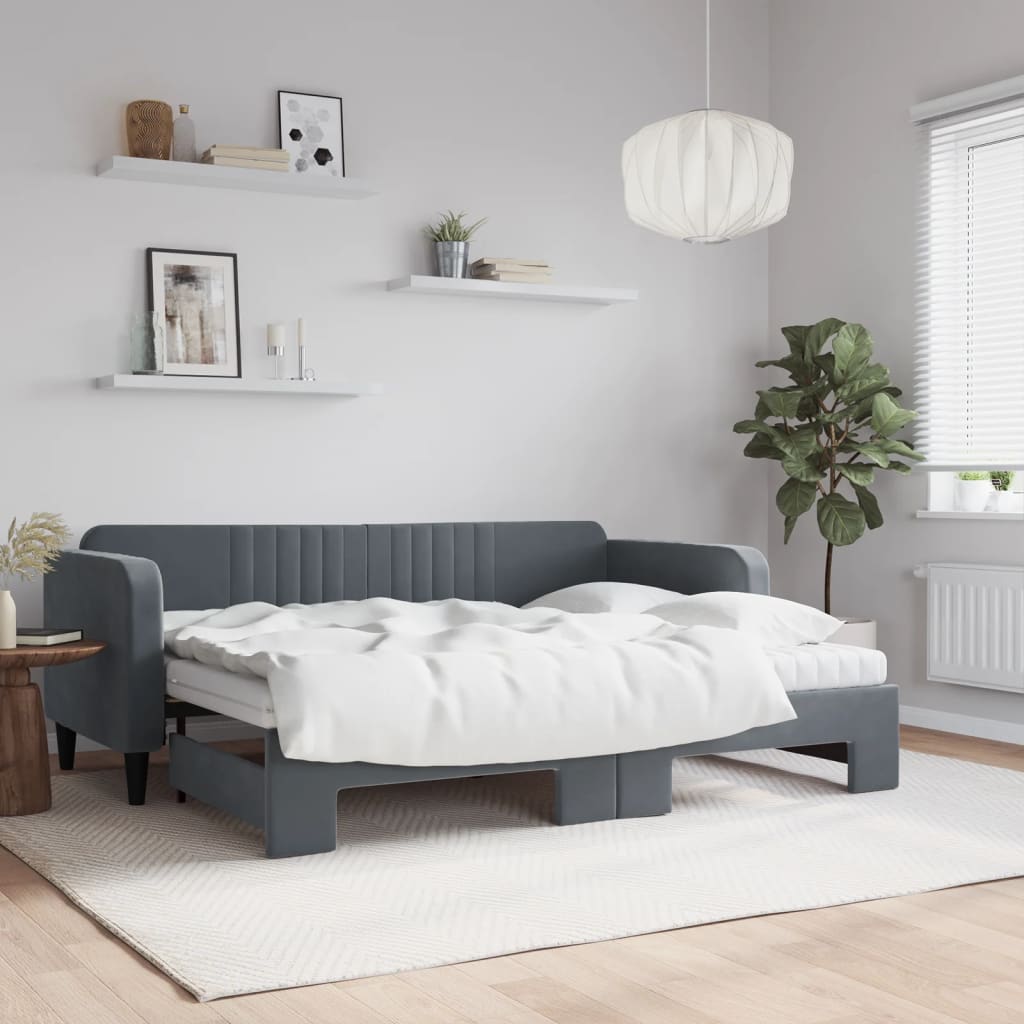Lit de jour avec gigogne et matelas gris foncé 80x200cm velours - XIOS