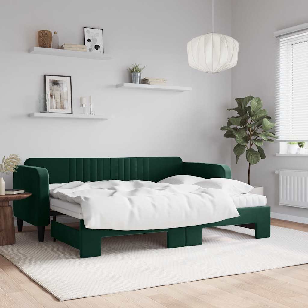 Lit de jour avec gigogne et matelas vert foncé 80x200cm velours