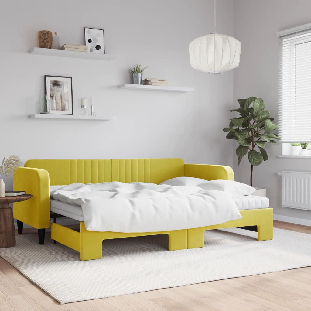Lit de jour avec lit gigogne et matelas jaune 80x200 cm velours - XIOS