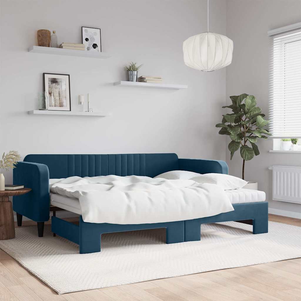 Lit de jour avec lit gigogne et matelas bleu 90x200 cm velours