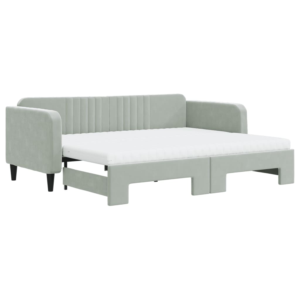 Lit de jour avec gigogne et matelas gris clair 90x200cm velours - XIOS