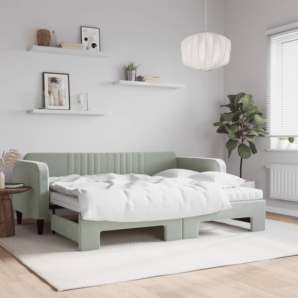 Lit de jour avec gigogne et matelas gris clair 90x200cm velours - XIOS