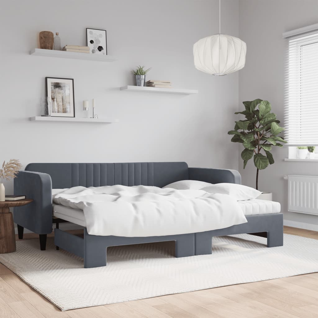 Lit de jour avec gigogne et matelas gris foncé 90x200cm velours - XIOS