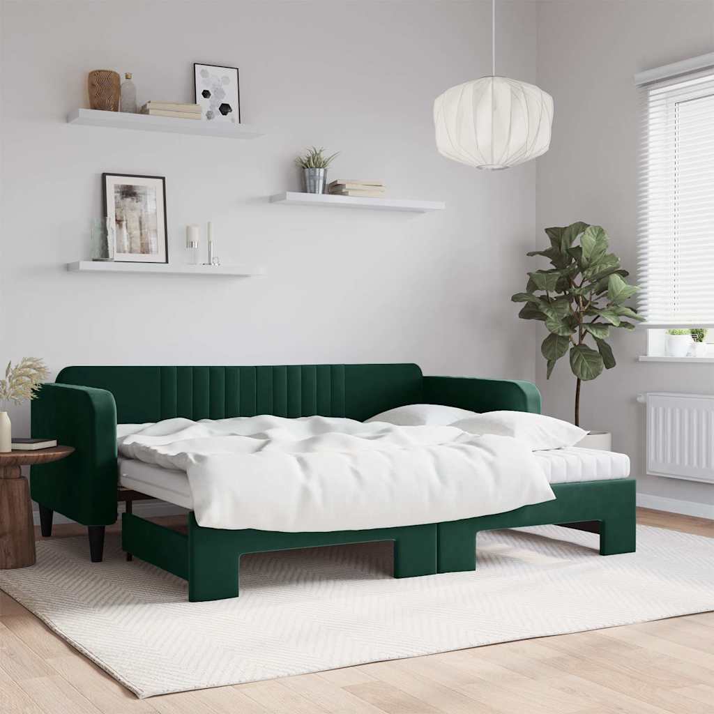 Lit de jour avec gigogne et matelas vert foncé 90x200cm velours