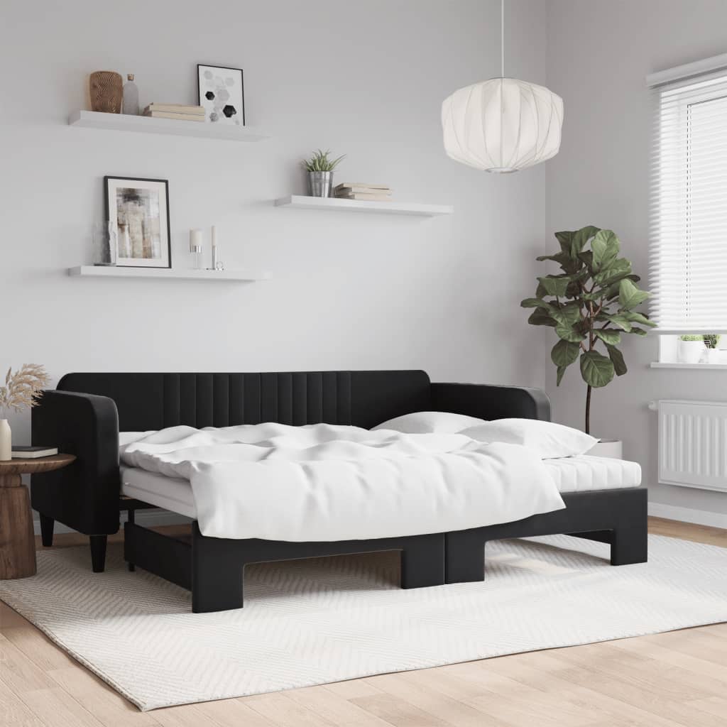 Lit de jour avec gigogne et matelas noir 90x200 cm velours - XIOS