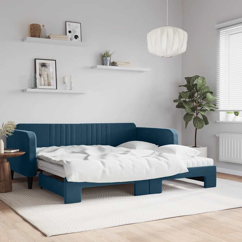 Lit de jour avec lit gigogne et matelas bleu 100x200 cm velours