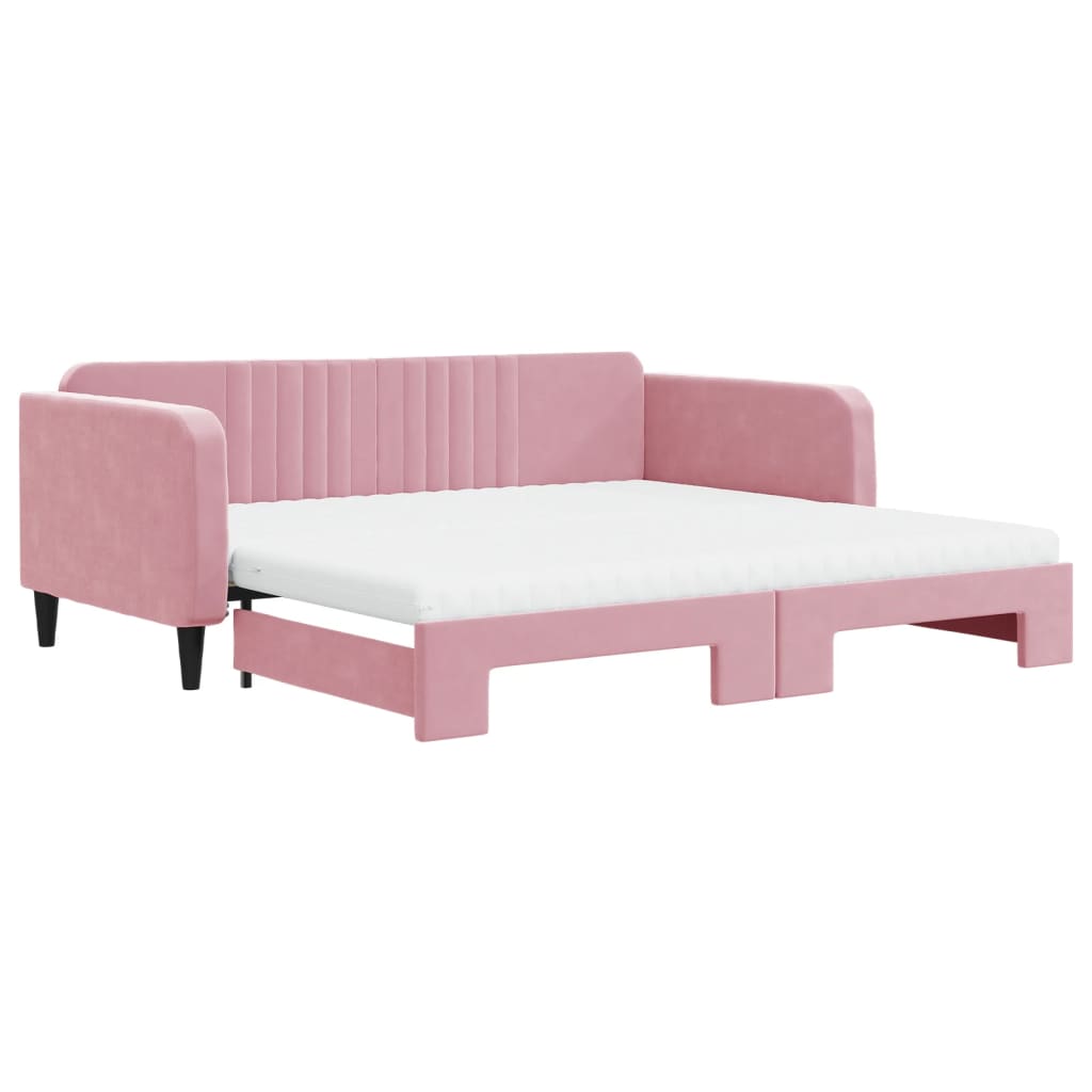 Lit de jour avec lit gigogne et matelas rose 100x200 cm velours - XIOS