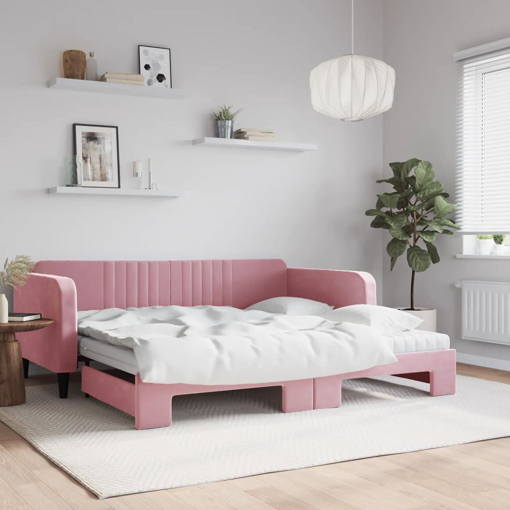 Lit de jour avec lit gigogne et matelas rose 100x200 cm velours - XIOS