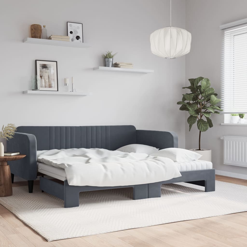 Lit de jour avec gigogne et matelas gris foncé 90x190cm velours - XIOS
