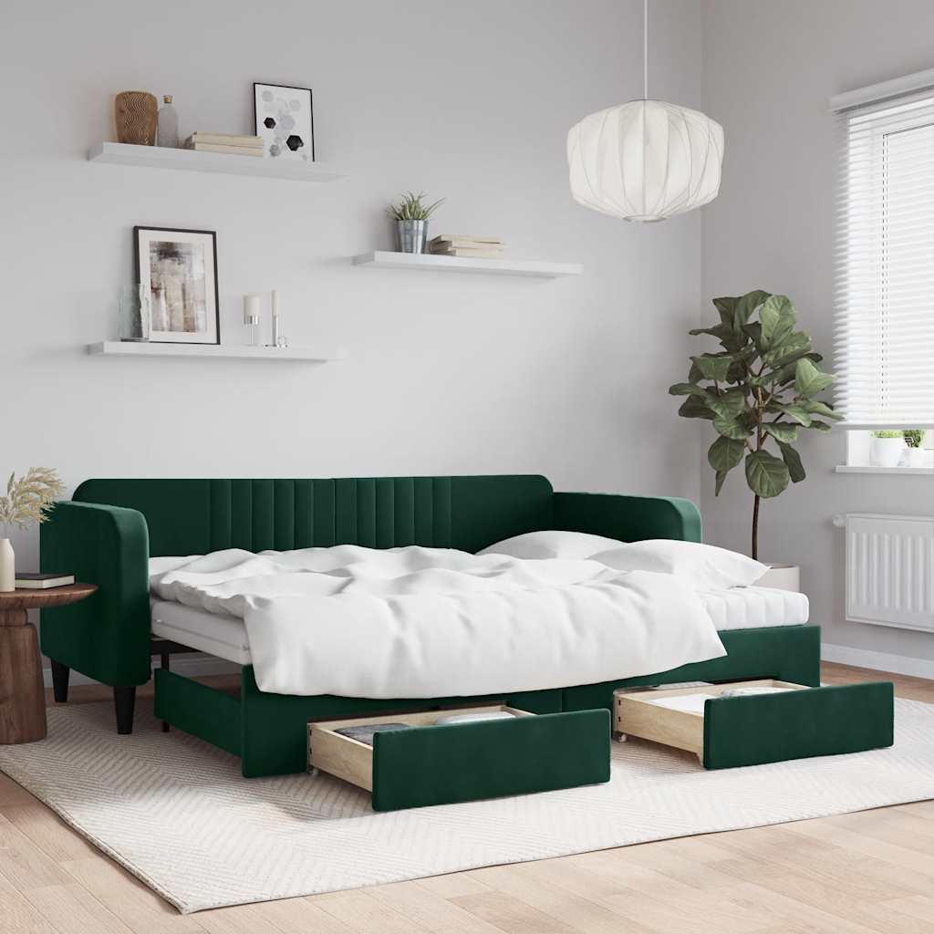 Lit de jour avec gigogne et tiroirs vert foncé 80x200cm velours