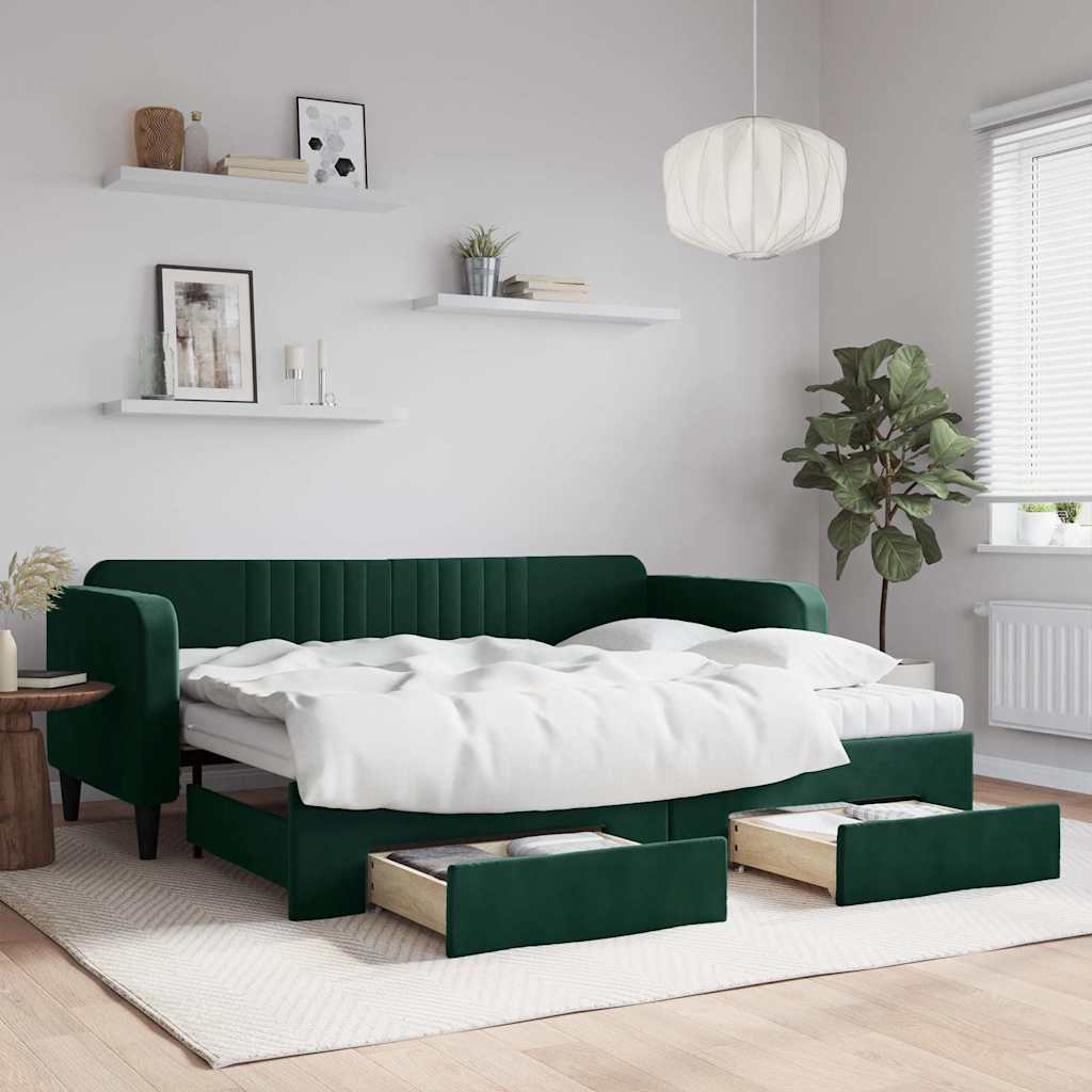 Lit de jour avec gigogne et tiroirs vert foncé 90x200cm velours