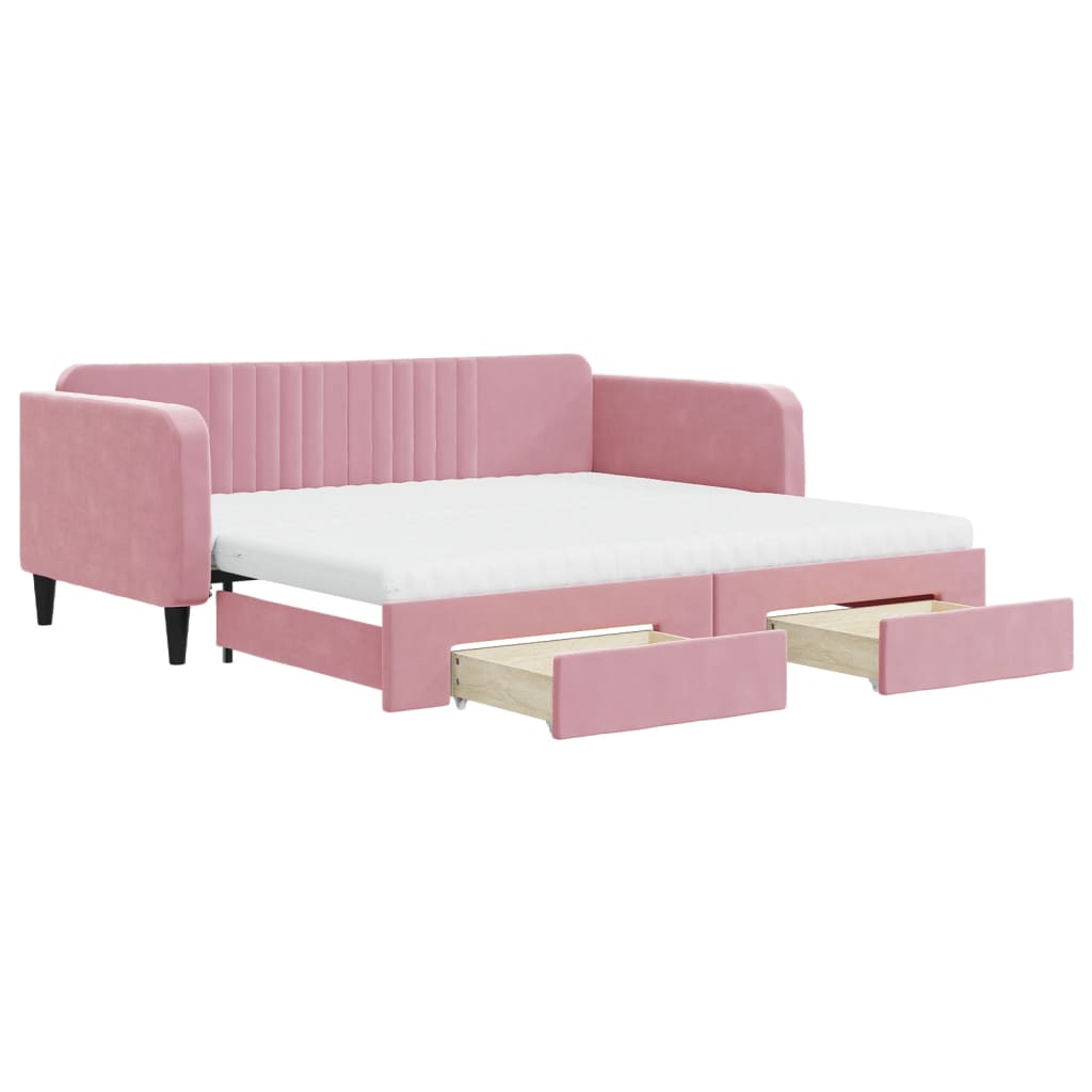 Lit de jour avec gigogne et tiroirs rose 100x200 cm velours - XIOS