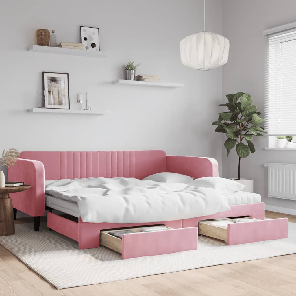 Lit de jour avec gigogne et tiroirs rose 100x200 cm velours - XIOS