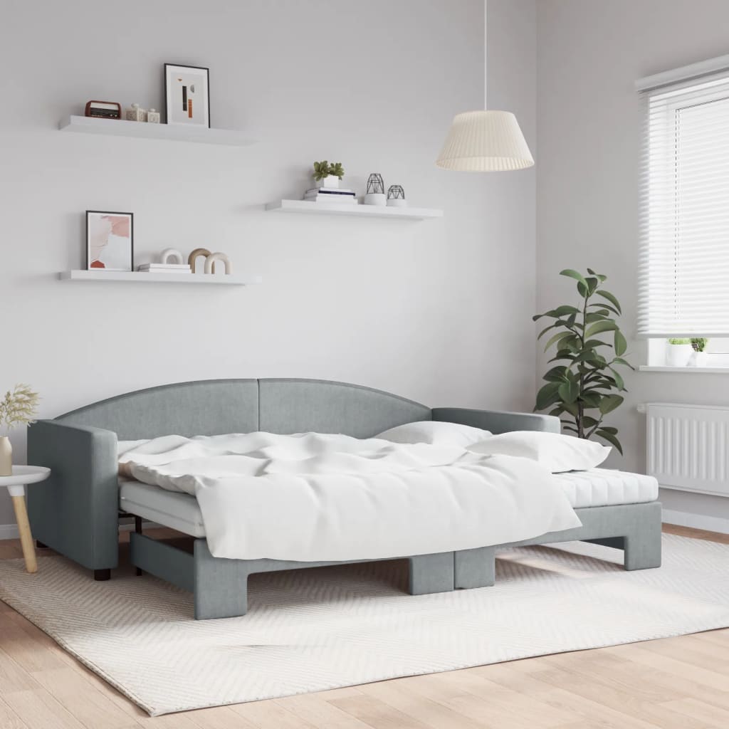 Lit de jour avec gigogne et matelas gris clair 90x200 cm tissu - XIOS