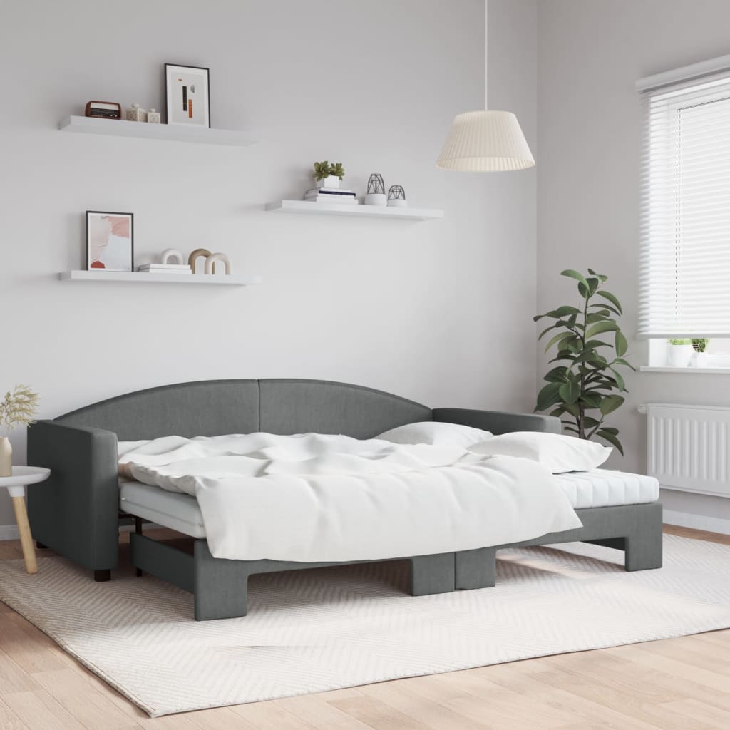 Lit de jour avec gigogne et matelas gris foncé 90x200 cm tissu - XIOS