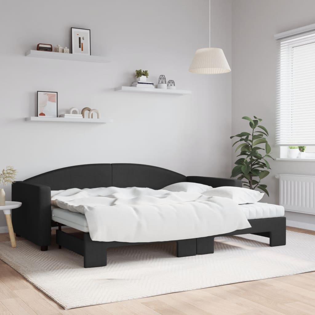 Lit de jour avec gigogne et matelas noir 90x200 cm tissu - XIOS