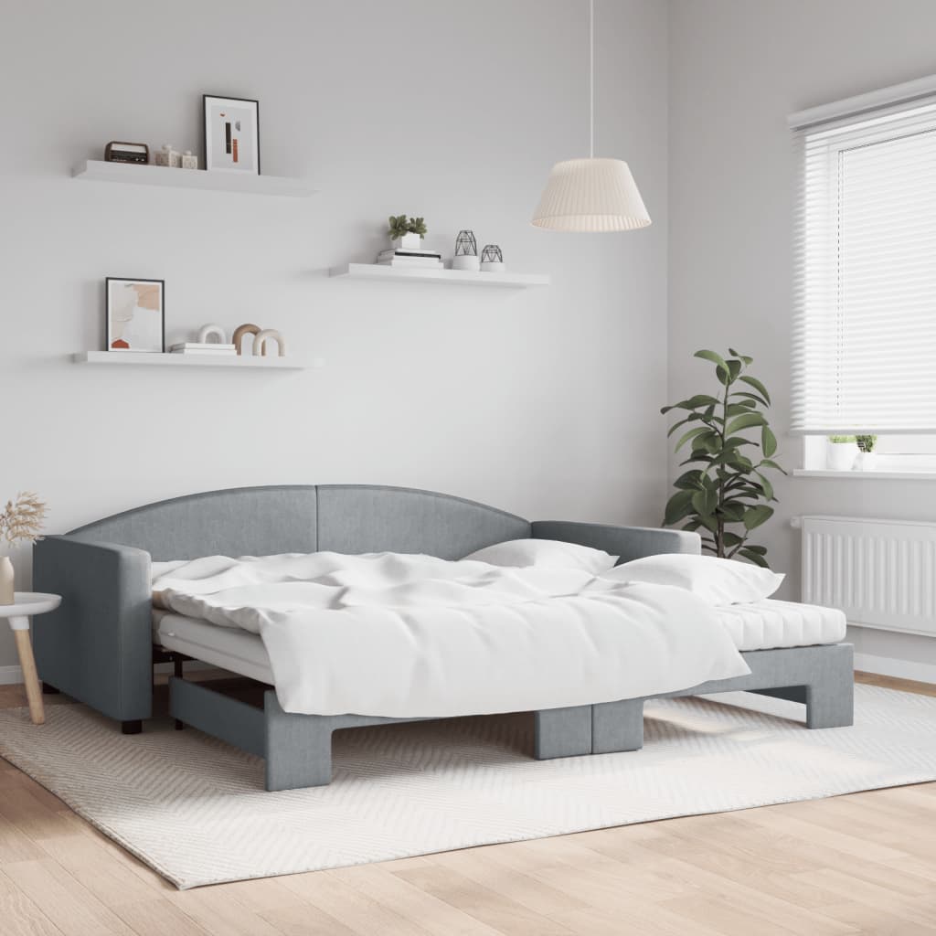 Lit de jour avec gigogne et matelas gris clair 100x200 cm tissu - XIOS
