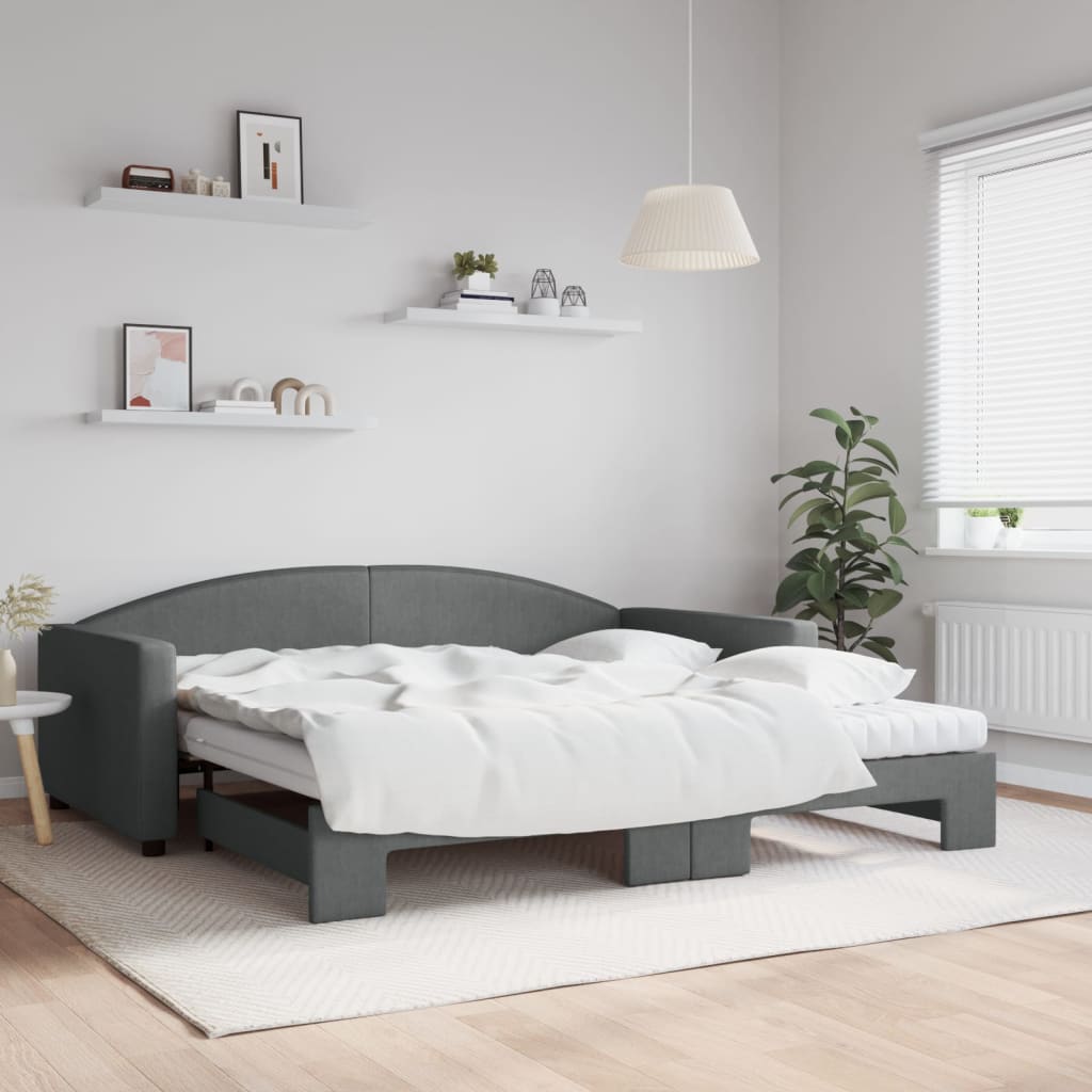 Lit de jour avec gigogne et matelas gris foncé 100x200 cm tissu - XIOS
