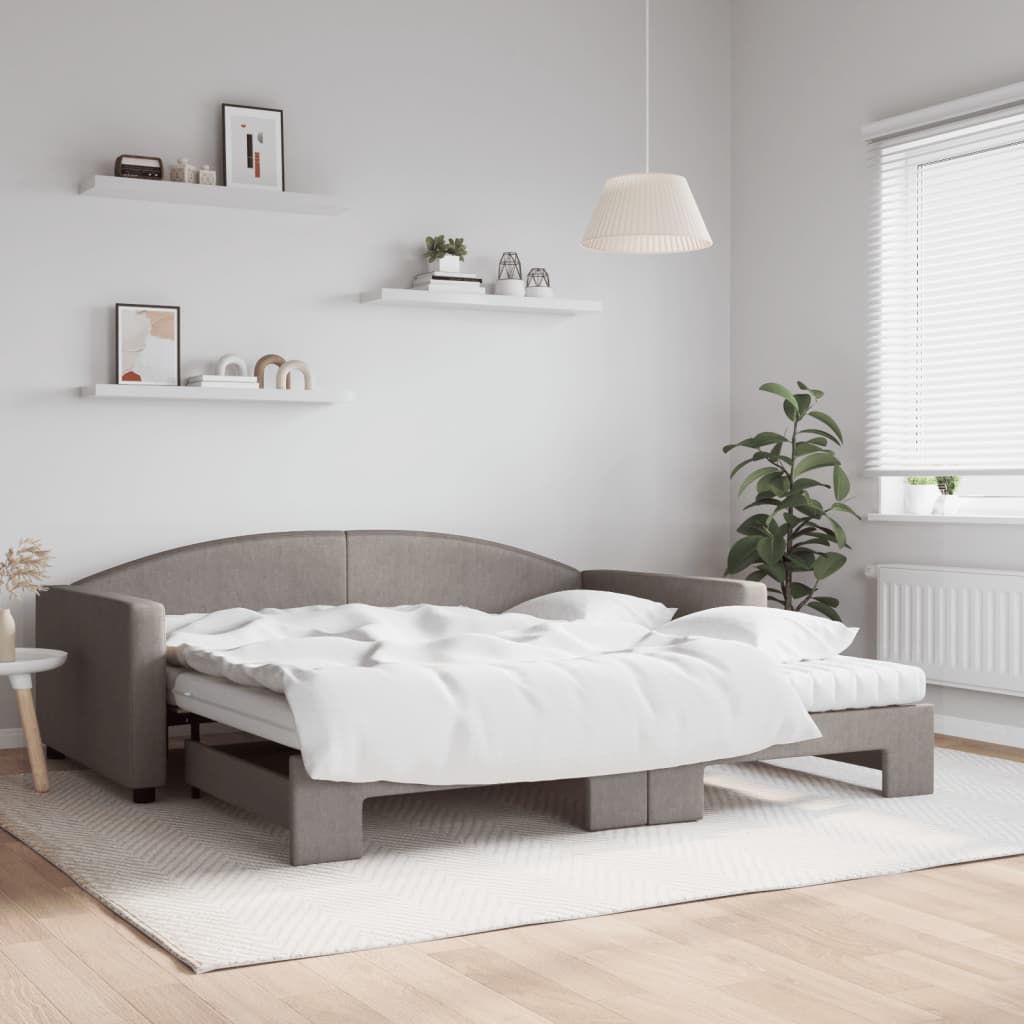 Lit de jour avec gigogne et matelas taupe 100x200 cm tissu - XIOS