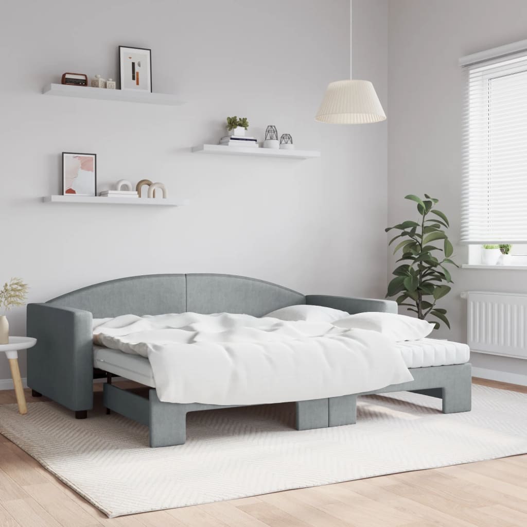 Lit de jour avec gigogne et matelas gris clair 90x190 cm tissu - XIOS